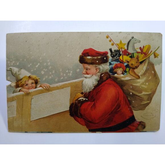 Christmas Postcard Santa Claus With Sack Of Toys Girl Behind Fence Chicago 1908 - Picture 2 of 5